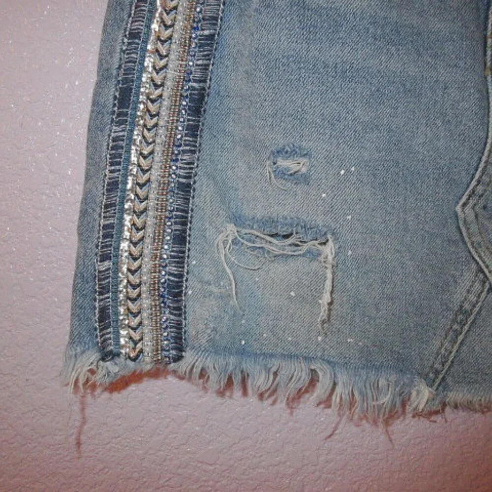 We The Free People Denim Mini Skirt Size 0 McBling Distressed Boho Hippie Grunge
